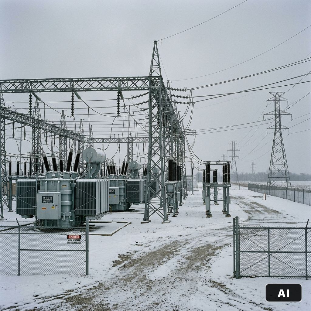 Modern high-voltage substation in a Nordic landscape